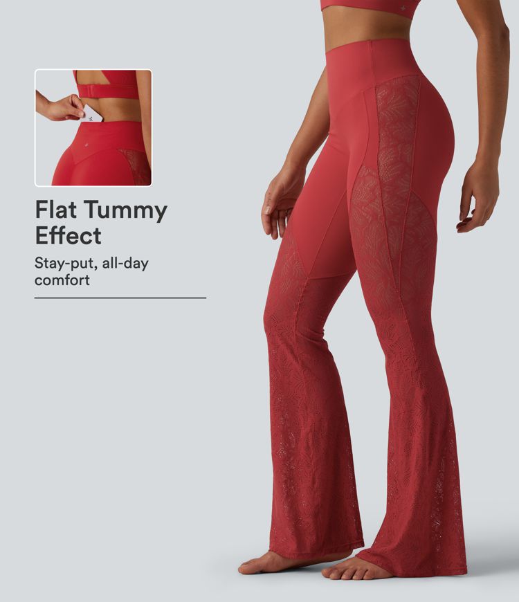 Halara UltraSculpt™ leggings de cintura alta con control abdominal, encaje en contraste y corte flare para yoga con bolsillo
