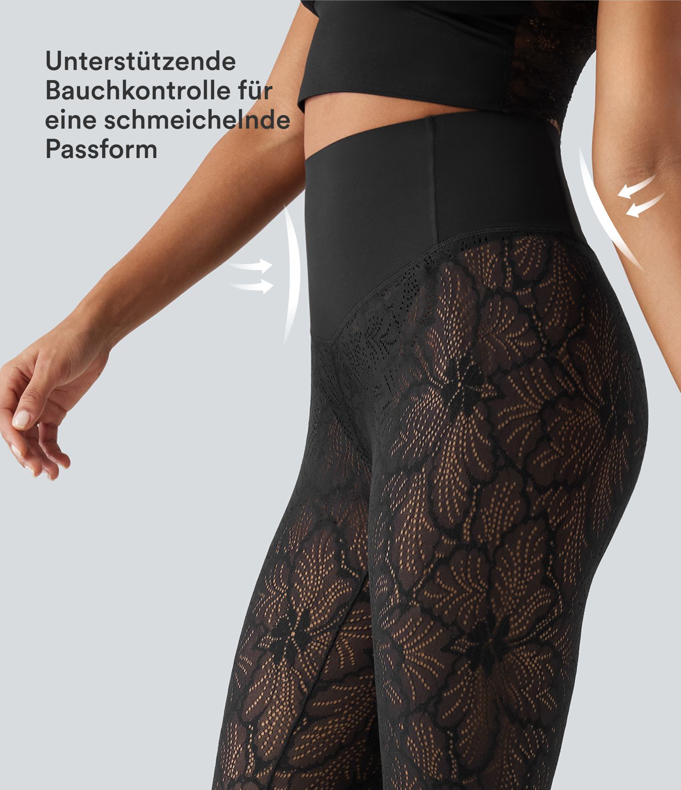 Lässige Leggings mit hohem Bund, Bauchkontrolle und Kontrastspitze