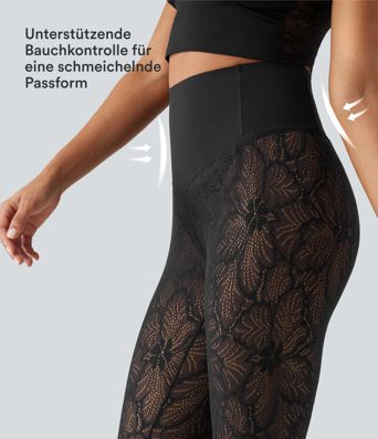Lässige Leggings mit hohem Bund, Bauchkontrolle und Kontrastspitze