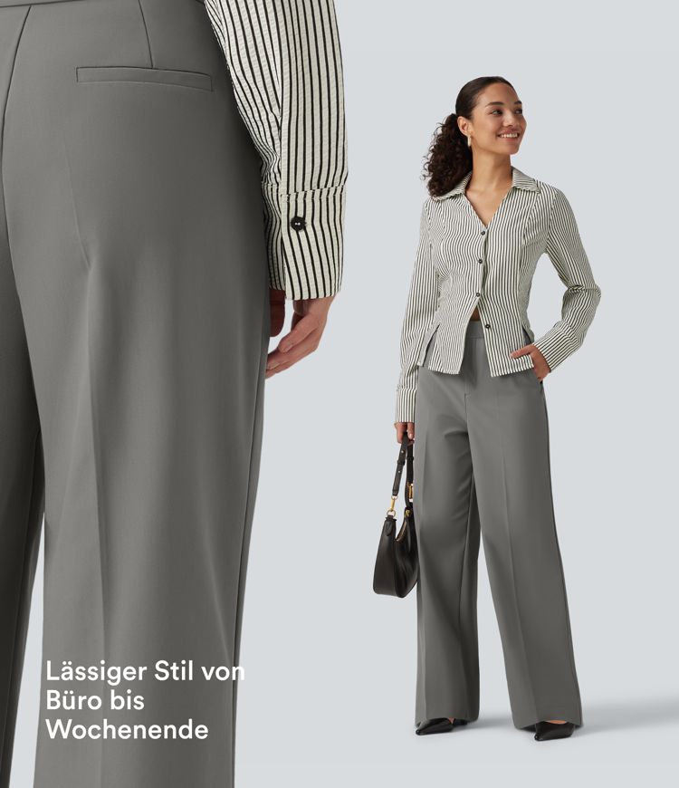 Baggy Bürohose mit hohem Bund und Seitentaschen - Selbstglättend