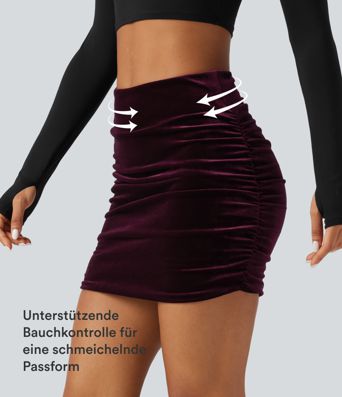 Figurbetonter, geraffter 2-in-1 Party-Minirock aus Samt mit hohem Bund und Bauchkontrolle - extralang