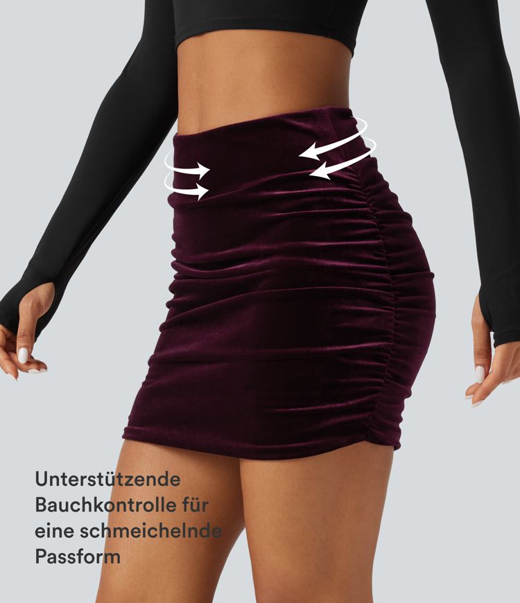 Figurbetonter, geraffter 2-in-1 Party-Minirock aus Samt mit hohem Bund und Bauchkontrolle - extralang