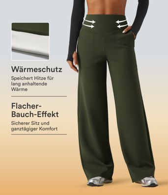 Fleece-Yogahose mit hohem Bund, Seitentaschen, Bauchkontrolle und geradem Bein