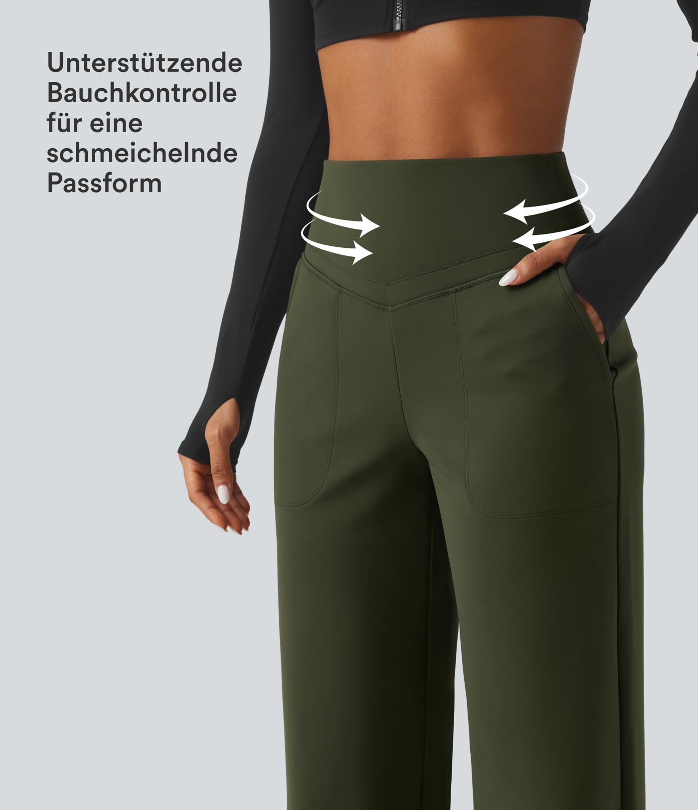 Fleece-Yogahose mit hohem Bund, Seitentaschen, Bauchkontrolle und geradem Bein