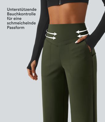Fleece-Yogahose mit hohem Bund, Seitentaschen, Bauchkontrolle und geradem Bein