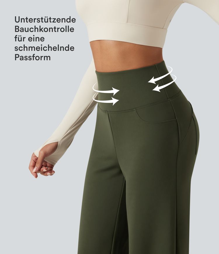 Fleece-Yogahose mit hohem Bund, Gesäßtaschen, Bauchkontrolle und geradem Bein