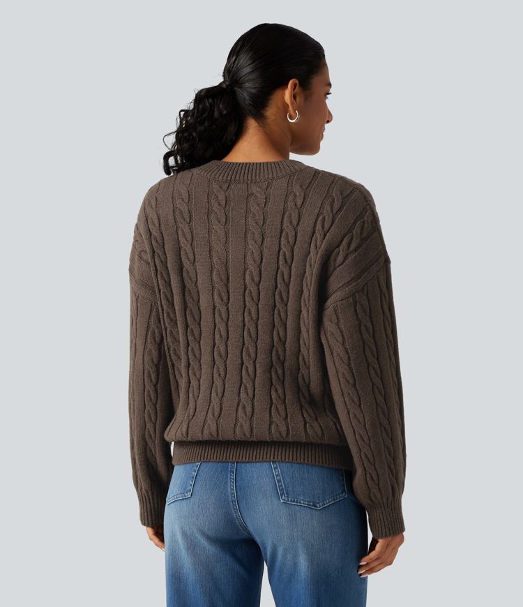 V Neck Dropped Long Sleeve Cable Knit Casual Wool-Blend Sweater V Neck Dropped Long Sleeve Cable Knit Casual Wool-Blend Sweater