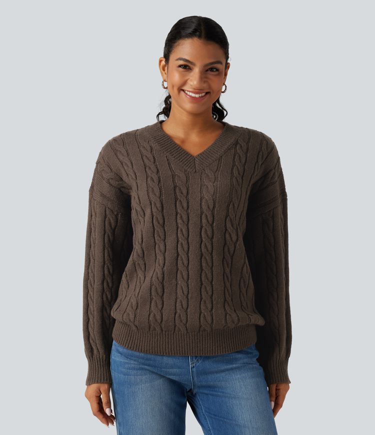 V Neck Dropped Long Sleeve Cable Knit Casual Wool-Blend Sweater V Neck Dropped Long Sleeve Cable Knit Casual Wool-Blend Sweater
