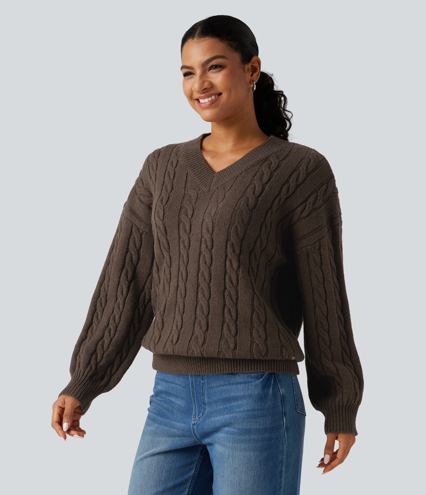 V Neck Dropped Long Sleeve Cable Knit Casual Wool-Blend Sweater V Neck Dropped Long Sleeve Cable Knit Casual Wool-Blend Sweater