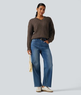 V Neck Dropped Long Sleeve Cable Knit Casual Wool-Blend Sweater V Neck Dropped Long Sleeve Cable Knit Casual Wool-Blend Sweater