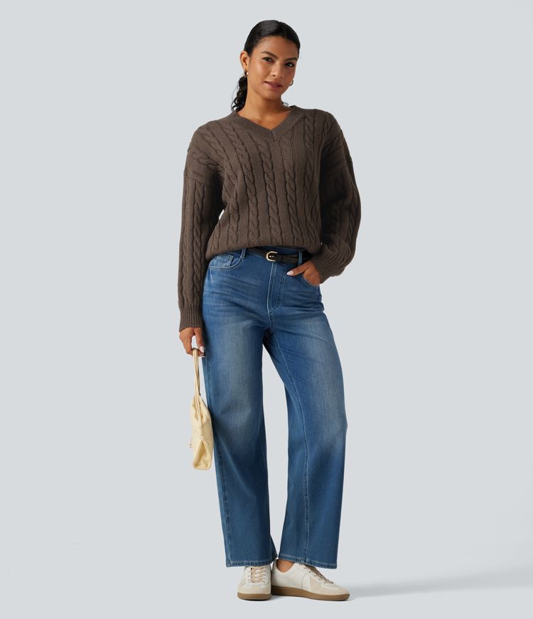 V Neck Dropped Long Sleeve Cable Knit Casual Wool-Blend Sweater V Neck Dropped Long Sleeve Cable Knit Casual Wool-Blend Sweater