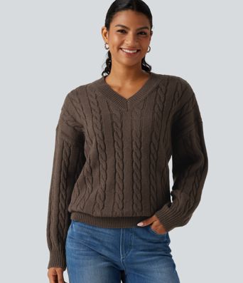 V Neck Dropped Long Sleeve Cable Knit Casual Wool-Blend Sweater V Neck Dropped Long Sleeve Cable Knit Casual Wool-Blend Sweater