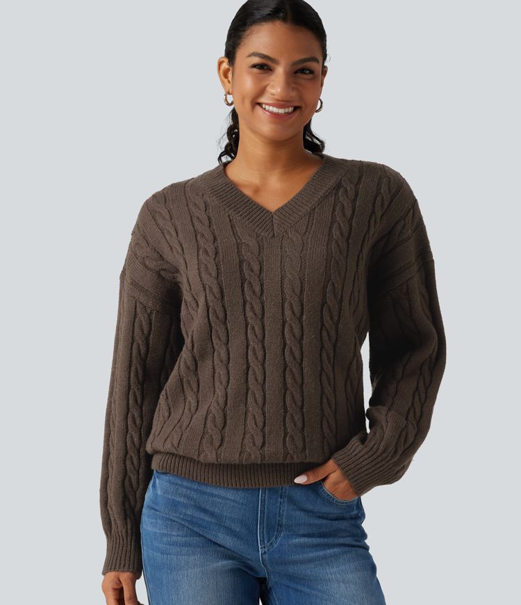 V Neck Dropped Long Sleeve Cable Knit Casual Wool-Blend Sweater V Neck Dropped Long Sleeve Cable Knit Casual Wool-Blend Sweater