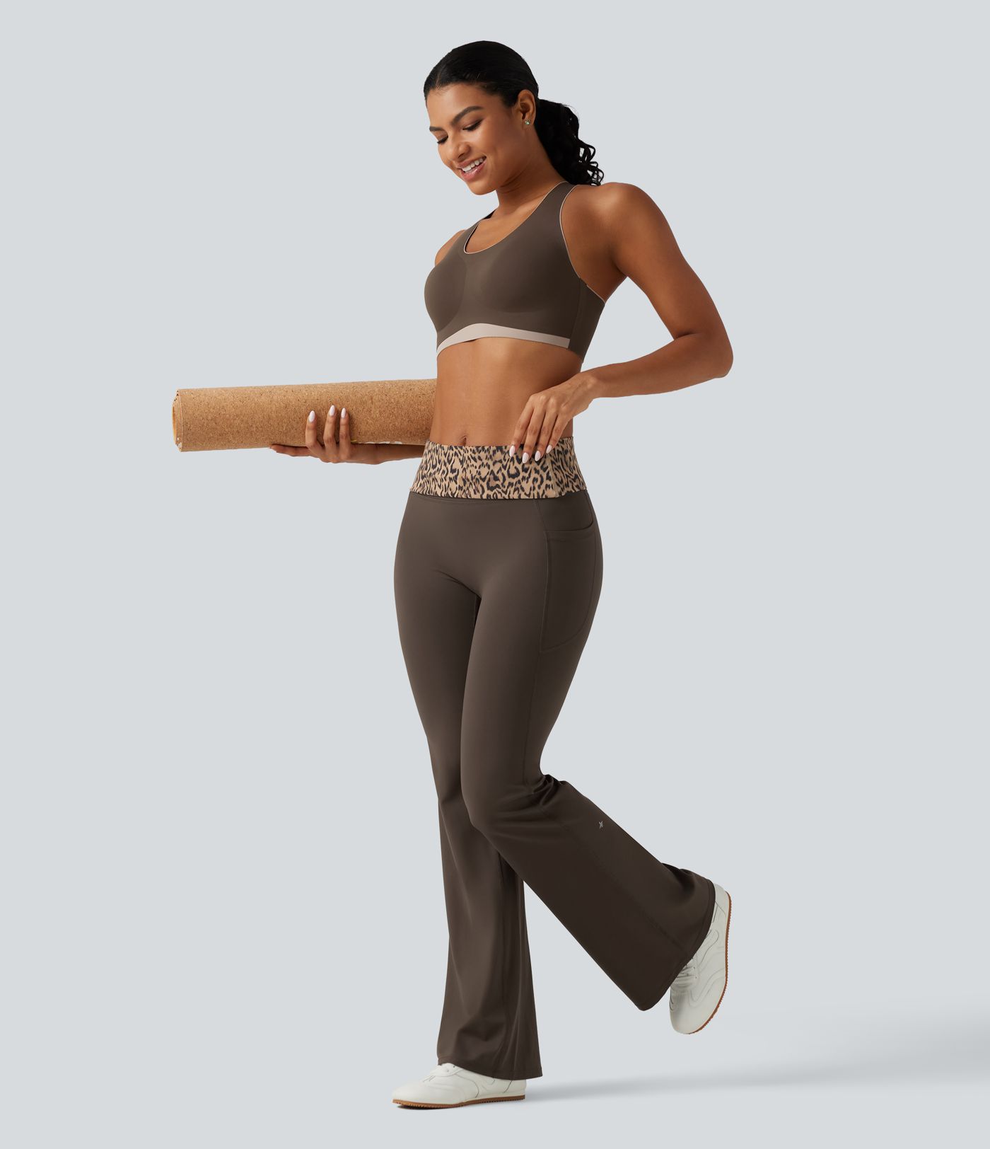 Halara UltraSculpt™ Mid Rise Foldover Tummy Control Leopard Print Flare Yoga Leggings with Pockets Halara UltraSculpt™ Mid Rise Foldover Tummy Control Leopard Print Flare Yoga Leggings with Pockets