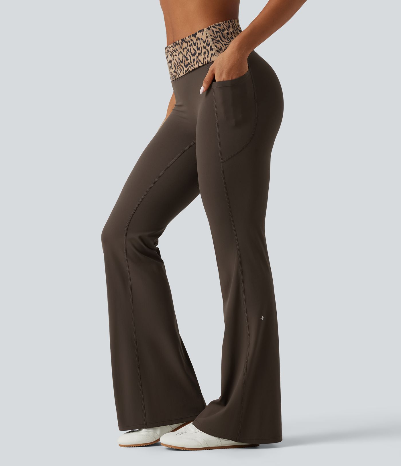 Halara UltraSculpt™ Mid Rise Foldover Tummy Control Leopard Print Flare Yoga Leggings with Pockets Halara UltraSculpt™ Mid Rise Foldover Tummy Control Leopard Print Flare Yoga Leggings with Pockets