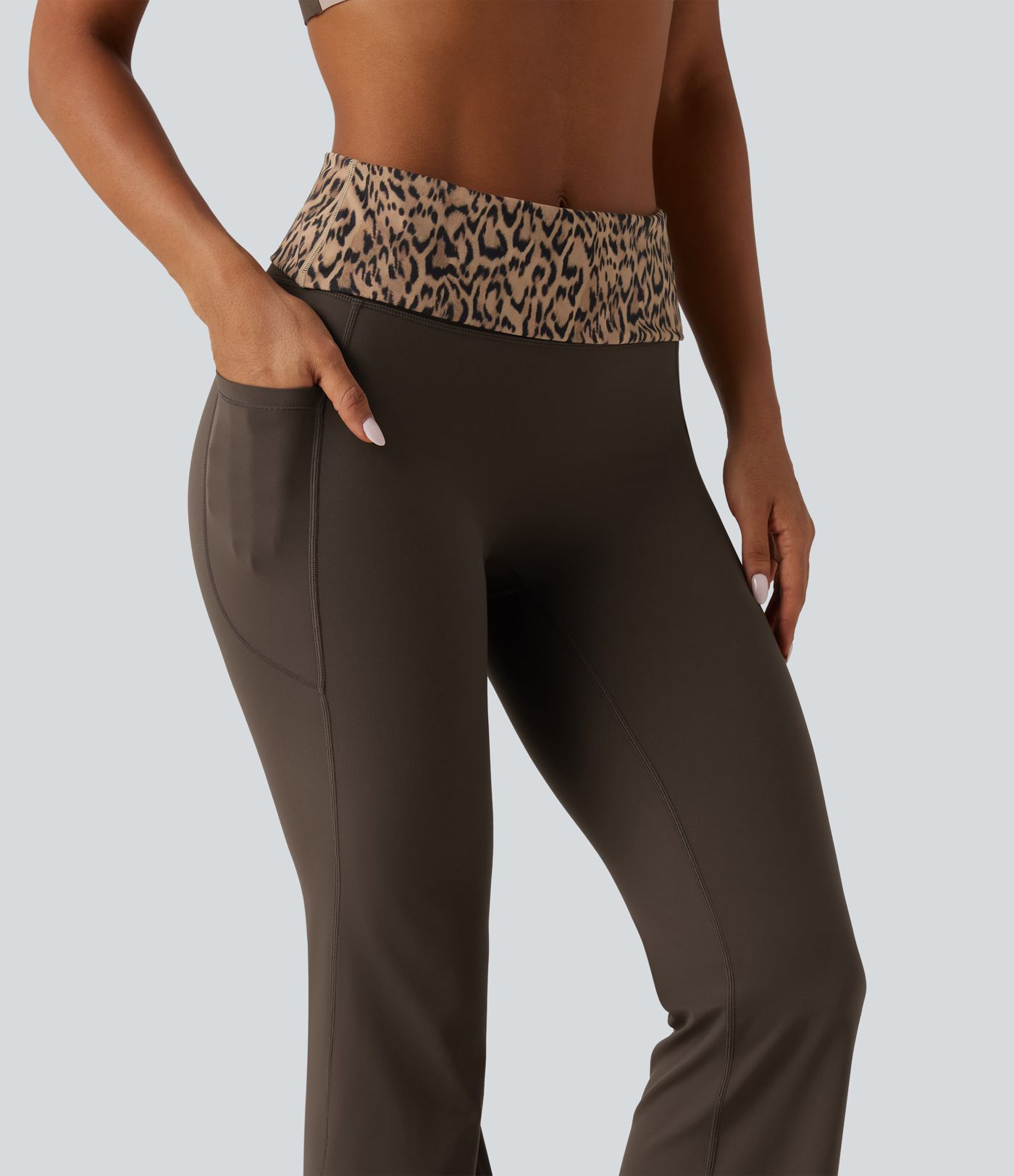 Halara UltraSculpt™ Mid Rise Foldover Tummy Control Leopard Print Flare Yoga Leggings with Pockets Halara UltraSculpt™ Mid Rise Foldover Tummy Control Leopard Print Flare Yoga Leggings with Pockets