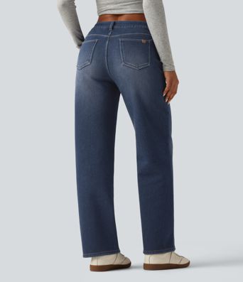 Mid Rise Asymmetric Straight Leg Fleece Casual Jeans with Pockets Mid Rise Asymmetric Straight Leg Fleece Casual Jeans with Pockets