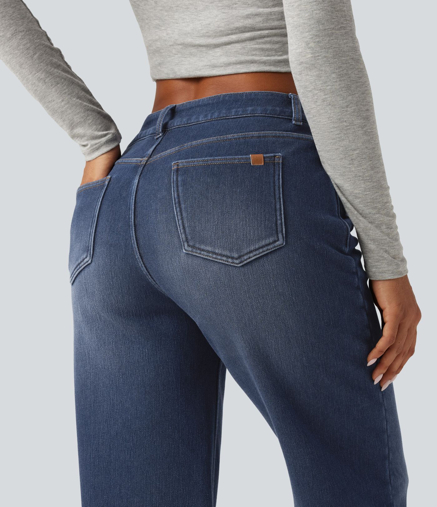 Mid Rise Asymmetric Straight Leg Fleece Casual Jeans with Pockets Mid Rise Asymmetric Straight Leg Fleece Casual Jeans with Pockets