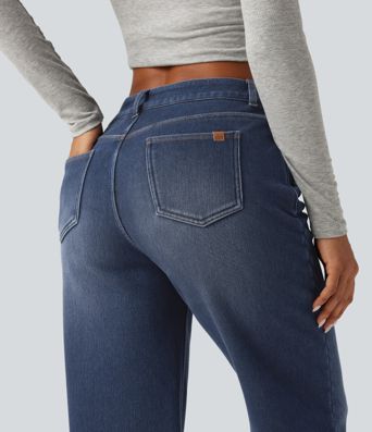Mid Rise Asymmetric Straight Leg Fleece Casual Jeans with Pockets Mid Rise Asymmetric Straight Leg Fleece Casual Jeans with Pockets