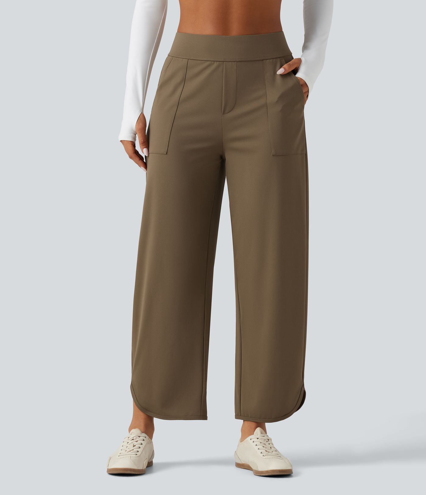 High Waisted Barrel Leg Curved Hem Quick Dry Dance Pants with Pockets-UPF40+