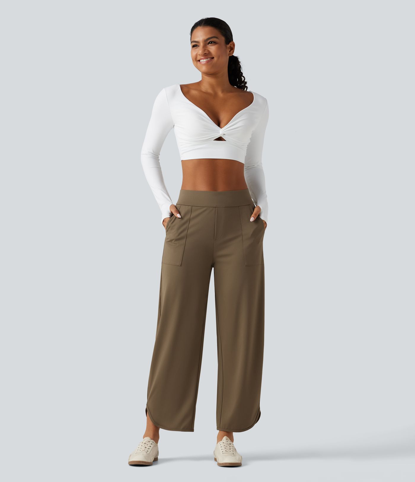 High Waisted Barrel Leg Curved Hem Quick Dry Dance Pants with Pockets-UPF40+