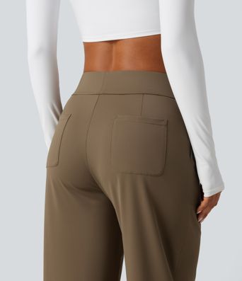 High Waisted Barrel Leg Curved Hem Quick Dry Dance Pants with Pockets-UPF40+