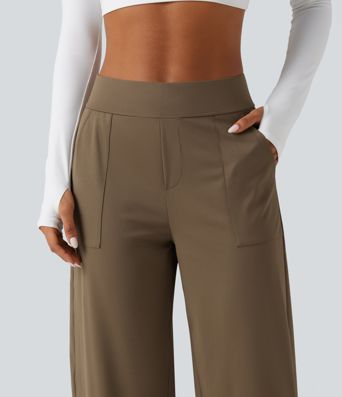 High Waisted Barrel Leg Curved Hem Quick Dry Dance Pants with Pockets-UPF40+