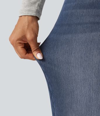 Mid Rise Asymmetric Straight Leg Fleece Casual Jeans with Pockets Mid Rise Asymmetric Straight Leg Fleece Casual Jeans with Pockets