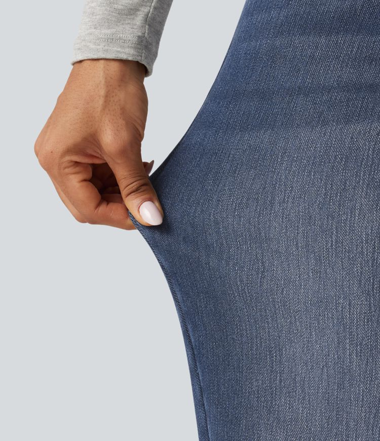 Mid Rise Asymmetric Straight Leg Fleece Casual Jeans with Pockets Mid Rise Asymmetric Straight Leg Fleece Casual Jeans with Pockets