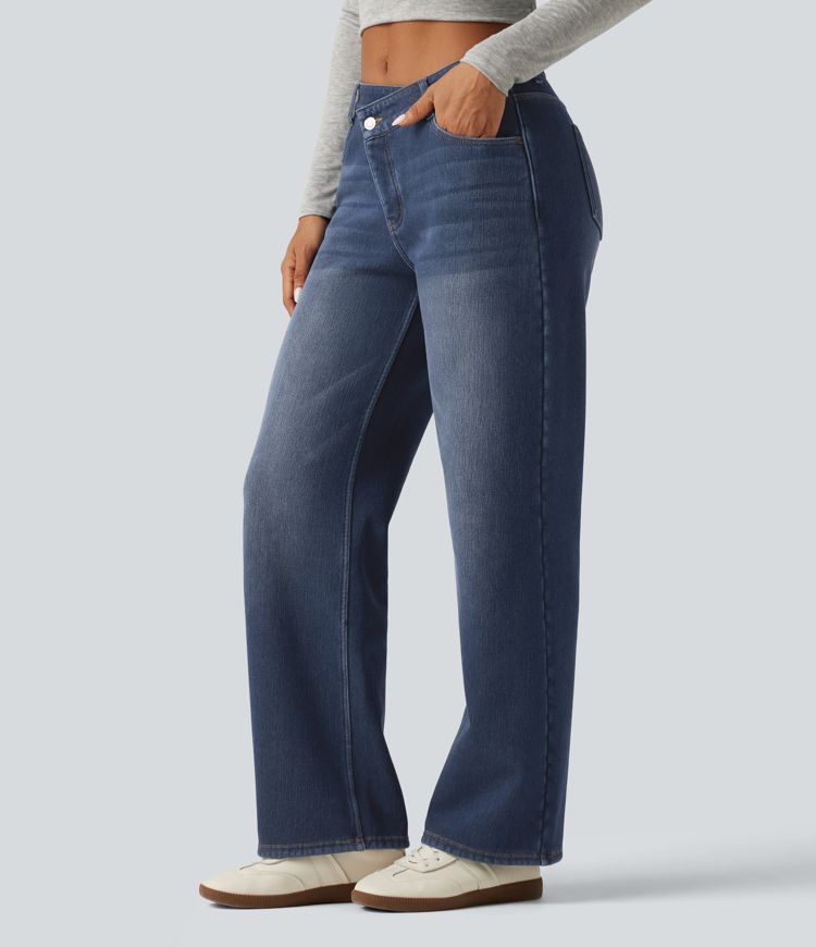 Mid Rise Asymmetric Straight Leg Fleece Casual Jeans with Pockets Mid Rise Asymmetric Straight Leg Fleece Casual Jeans with Pockets