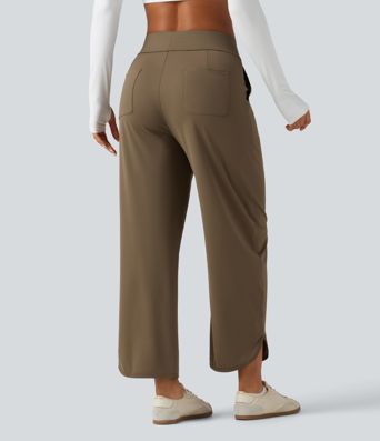 High Waisted Barrel Leg Curved Hem Quick Dry Dance Pants with Pockets-UPF40+