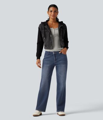 Mid Rise Asymmetric Straight Leg Fleece Casual Jeans with Pockets Mid Rise Asymmetric Straight Leg Fleece Casual Jeans with Pockets