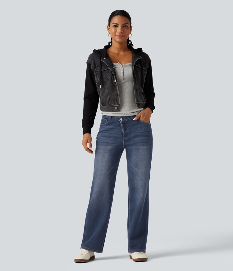 Mid Rise Asymmetric Straight Leg Fleece Casual Jeans with Pockets Mid Rise Asymmetric Straight Leg Fleece Casual Jeans with Pockets