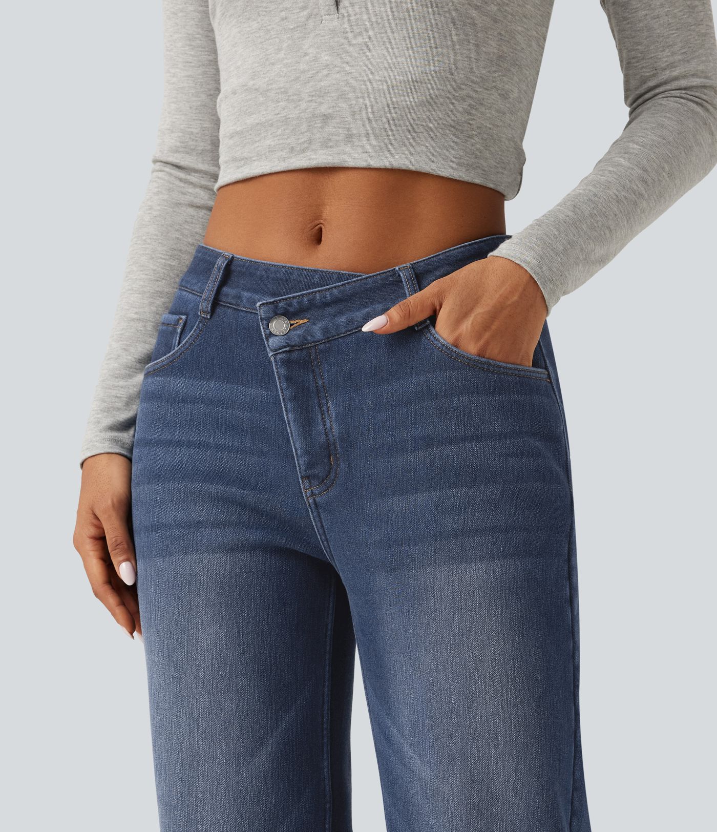 Mid Rise Asymmetric Straight Leg Fleece Casual Jeans with Pockets Mid Rise Asymmetric Straight Leg Fleece Casual Jeans with Pockets