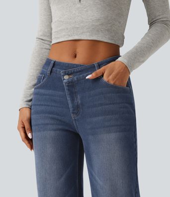 Mid Rise Asymmetric Straight Leg Fleece Casual Jeans with Pockets Mid Rise Asymmetric Straight Leg Fleece Casual Jeans with Pockets