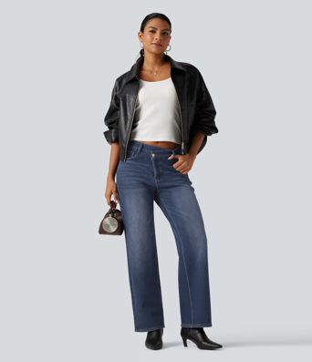 Mid Rise Asymmetric Straight Leg Fleece Casual Jeans with Pockets Mid Rise Asymmetric Straight Leg Fleece Casual Jeans with Pockets