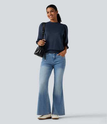 Round Neck Puff 3/4 Sleeve Casual Sweatshirt