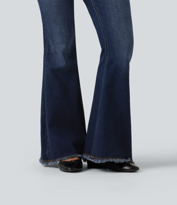 High Waisted Bootcut Raw Hem Casual Jeans with Pockets