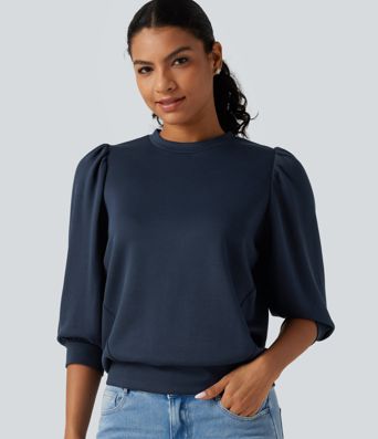 Round Neck Puff 3/4 Sleeve Casual Sweatshirt