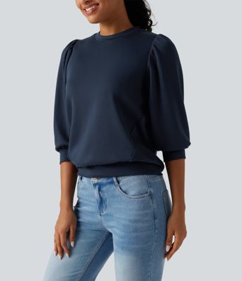 Round Neck Puff 3/4 Sleeve Casual Sweatshirt