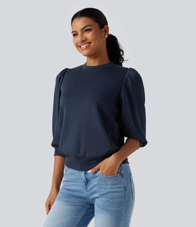 Round Neck Puff 3/4 Sleeve Casual Sweatshirt