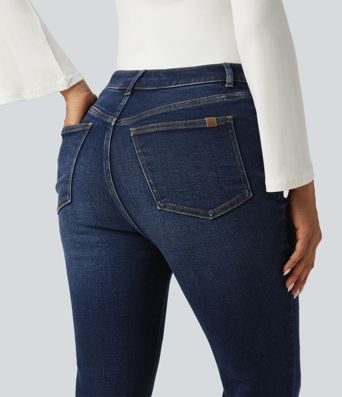 High Waisted Bootcut Raw Hem Casual Jeans with Pockets
