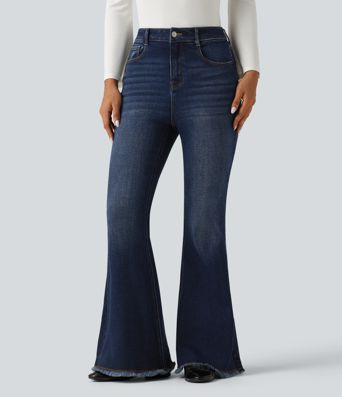 High Waisted Bootcut Raw Hem Casual Jeans with Pockets