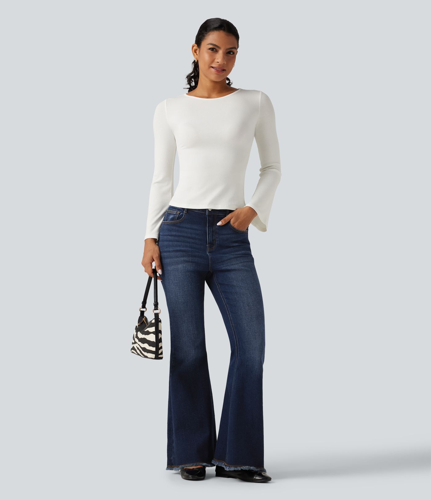 High Waisted Bootcut Raw Hem Casual Jeans with Pockets