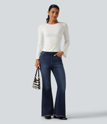High Waisted Bootcut Raw Hem Casual Jeans with Pockets