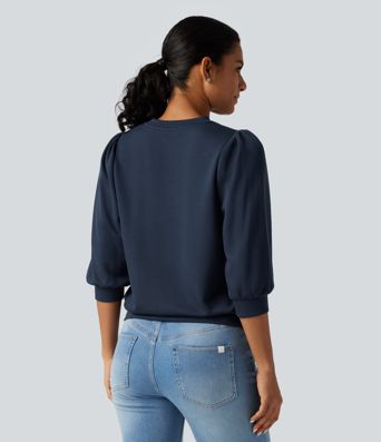 Round Neck Puff 3/4 Sleeve Casual Sweatshirt