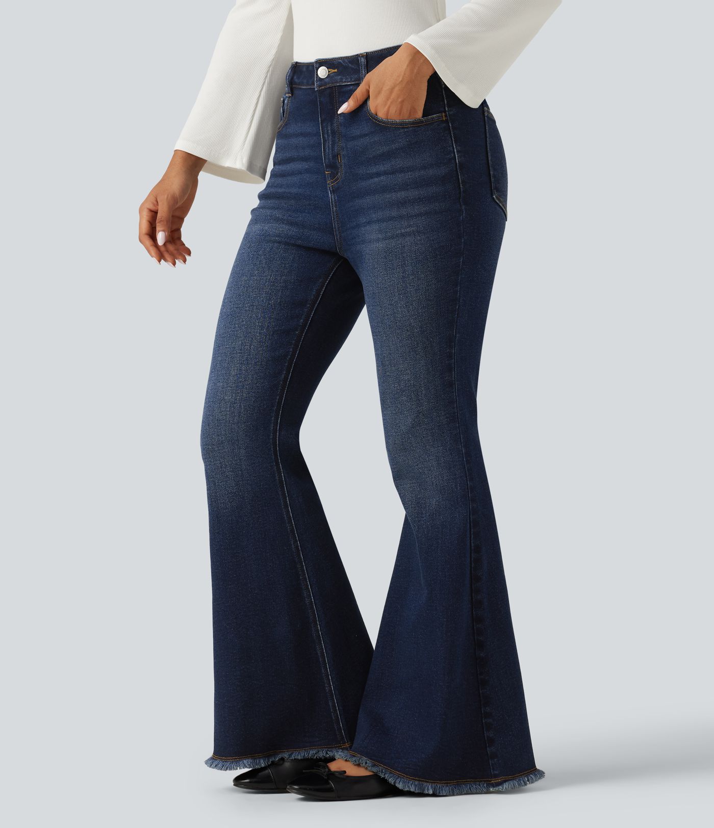 High Waisted Bootcut Raw Hem Casual Jeans with Pockets