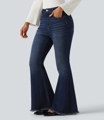 High Waisted Bootcut Raw Hem Casual Jeans with Pockets