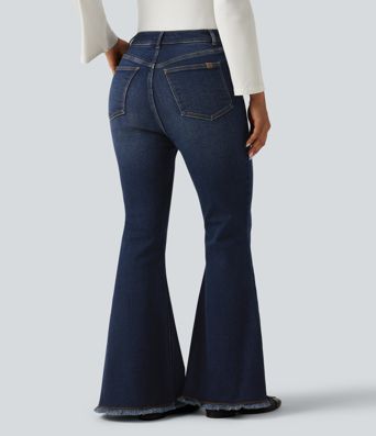 High Waisted Bootcut Raw Hem Casual Jeans with Pockets
