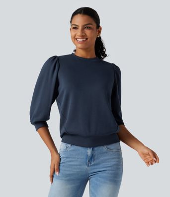 Round Neck Puff 3/4 Sleeve Casual Sweatshirt